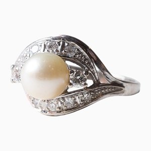 Anillo vintage de diamantes y perlas de oro blanco de 14 k, años 60