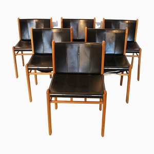 Vintage Italian Chairs in Walnut and Black Leather, 1980s, Set of 6
