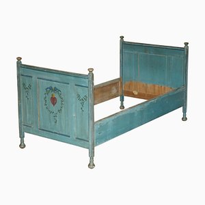 Antique French Duck Egg Blue Hand Painted & Ornately Decorated Bed Frame in Oak
