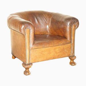 Club Tub Armchair in Brown Leather with Hand Carved Claw & Ball Feet, 1880s