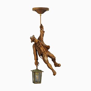 German Pendant Light with Carved Wood Mountain Climber and Lantern Figure, 1930s