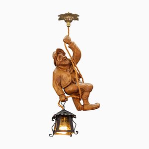 Figural Pendant Light with Carved Mountain Climber Figure and Lantern, Germany, 1970s