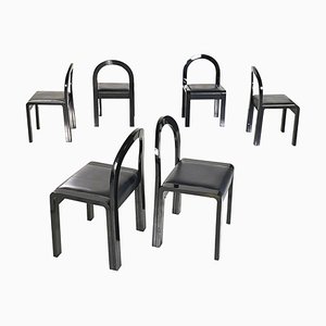 Modern Italian Chairs in Black Lacquered Wood & Black Leather, 1980s, Set of 6