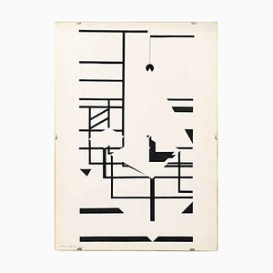 Modern Italian Black & White Geometric & Stylized Print of Home Interior, 1980s