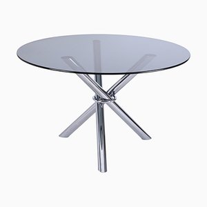 Mid-Century Dining Table in Chromed Stainless Steel & Smoked Glass, Italy, 1970s