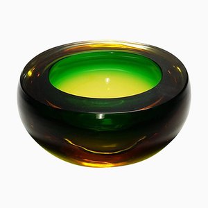 Mid-Century Art Glass Modern Murano Green & Amber Sommerso Bowl, 1960s