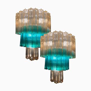 Emerald and Gold Glass Murano Chandeliers by Valentina Planta, Set of 2