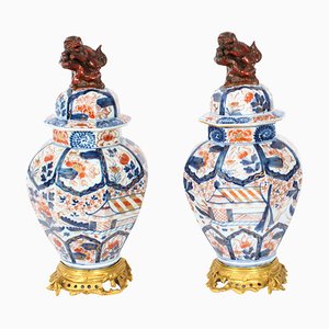 18th Century Japanese Imari Porcelain Vases on Stands, Set of 2
