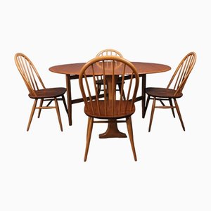 Large Oval Drop Leaf Dining Table and Chairs from Ercol, Set of 5