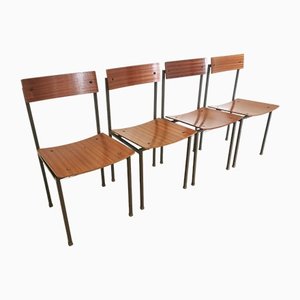 Vintage Scandinavian Industrial Minimalist School Chairs in Wood with Metal Frame, 1970s, Set of 4