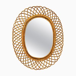 Large Mid-Century Oval Rattan and Bamboo Sunburst Wall Mirror by Franco Albini, 1950s