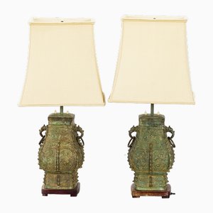 Patinated Bronze Table Lamps with Silk Lampshades attributed to William Billy Haines, 1960s, Set of 2