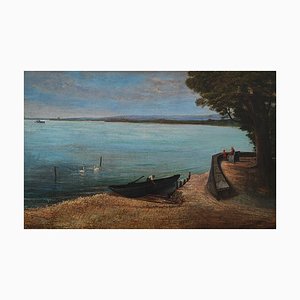 Th. Eberhard, Paysage du lac animé, Genève, Oil on Canvas, Framed