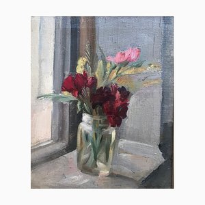 Louis Henri Salzmann, Bouquet de fleurs au bord de la fenêtre, Huile sur Toile, Encadrée