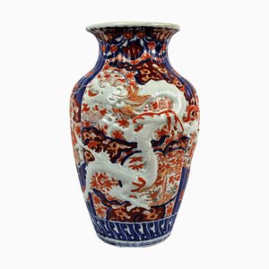 19th Century Imari Porcelain Baluster Vase with Dragon Relief Decoration