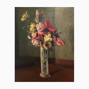Alexis Louis Roche, Bouquet dans son Vase, Huile sur Carton, Encadré