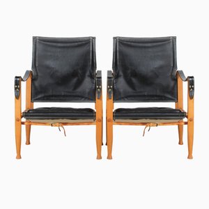 Safari Chairs with Black Leather by Kaare Klint for Rud Rasmussen, Denmark, 1960s, Set of 2