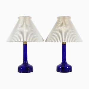 Large Blue Glass 302 Table Lamps with Original Shades by Le Klint for Holmegaard, 1970s, Set of 2