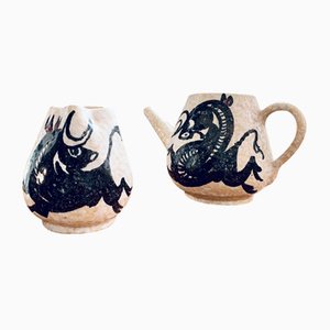 Ceramic Tea or Coffee Pot & Milk Jug Depicting Bulls from Talavera, Spain, 1970s, Set of 2
