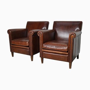 Vintage Art Deco Dutch Cognac Leather Club Chairs, Set of 2