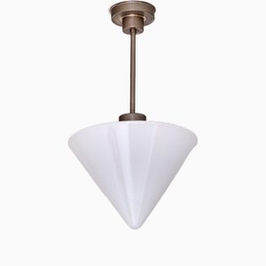 Cone Shaped Pendant Light in Opal Glass & Nickel from Gispen, Netherlands, 1930s