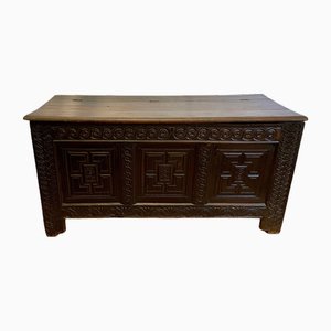 Antique English Coffer in Carved Oak, 1600s