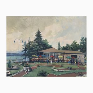 Sergio Cecchi, Mini golf animé au parc Château Banquet à Genève, 1954, Huile sur Toile, Encadrée