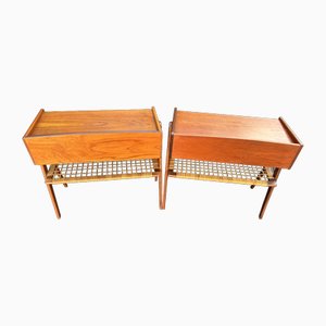 Double Drawer Bedsde Tables in Teak with Rattan Undertier by Soren Rasmussen, 1950s, Set of 2