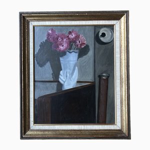 Jean Verdier, Bouquet Rose et la Canne au Pommeau d'argent, 1945, Huile sur Toile, Encadrée