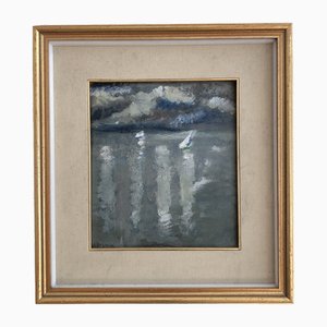 André Julien Prina, Voiliers sur le Lac, Oil on Cardboard, Framed