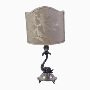 Lampada da tavolo Dolphin antica con base in argento, metà XIX secolo