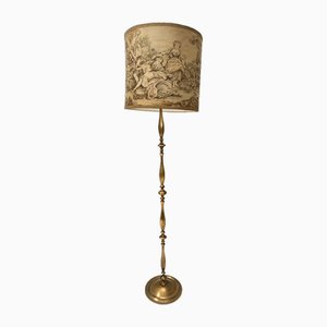 Vintage Turned Brass and Steel Floor Lamp with Decorated Lampshade, Italy, 1950s