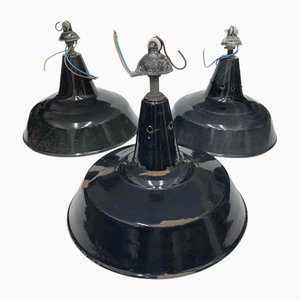 Industrial Italian Black Painted Metal Pendants, 1930s, Set of 3