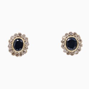 18 Karat Yellow Gold Earrings with Rosettes and Sapphires, 1950s-1960s, Set of 2