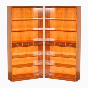 3-Drawer Military Campaign Bookcases in Burr Yew Wood & Brass by Kennedy for Harrods, Set of 2