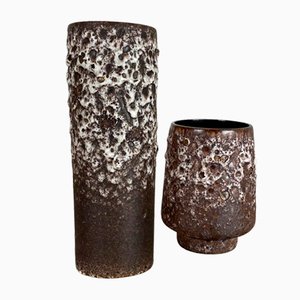 Set of Two Pottery Fat Lava Vases Crusty Brown-White attributed to Jopeko, Germany, 1970s, Set of 2