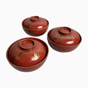20th Century Taishō Urushi Maki-E Rice and Soup Bowls, Japan, Set of 3