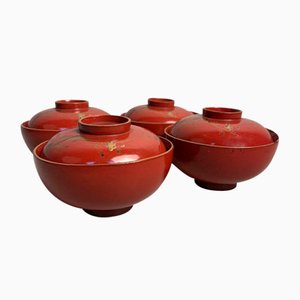 20th Century Taishō Urushi Maki-E Rice and Soup Bowls, Japan, Set of 4