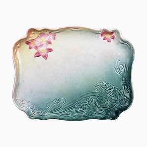 Art Nouveau Earthenware Dish with Green and Pink Flower Decor, 1900s-1910s