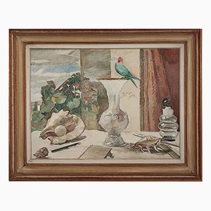 Fernand Blondin, Perruche dans un intérieur avec Vase et Coquillages, Huile sur Toile, Encadrée