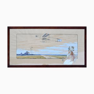 Marguerite Montaut, Airplanes, Boats and Spectators, 1909, Lithographs, Framed, Set of 2