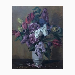 Alexis Louis Roche, Bouquet de Fleurs, tulipes, lilas et pivoines, Huile sur Toile
