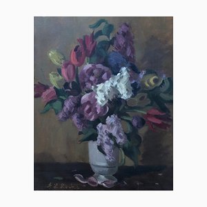 Alexis Louis Roche, Bouquet de Fleurs, tulipes, lilas et pivoines, Öl auf Leinwand