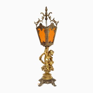 Antique French Gilt Metal & Glass Cherub Lamp, 1930s