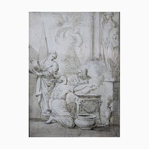 Cercle de Ciro Ferri, Scène d'Offrande, Italie, 1650, Crayon sur Papier, Encadré