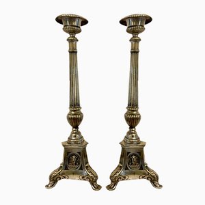 Large Victorian Brass Candlesticks, 1850s, Set of 2