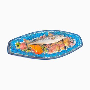 Fuente de pescado decorativa de mayólica, años 60