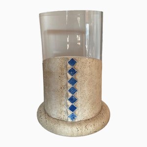 Small Columns or Sofa End Tables in Travertine & Acrylic Glass, Set of 2