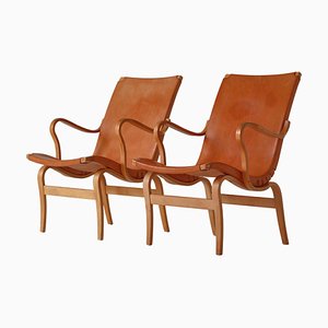 Scandinavian Modern Eva Lounge Chairs in Saddle Leather attributed to Bruno Mathsson, 1970s, Set of 2