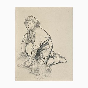 Tibor Gertler, Working Child, Charcoal Drawing, Mid 20th Century